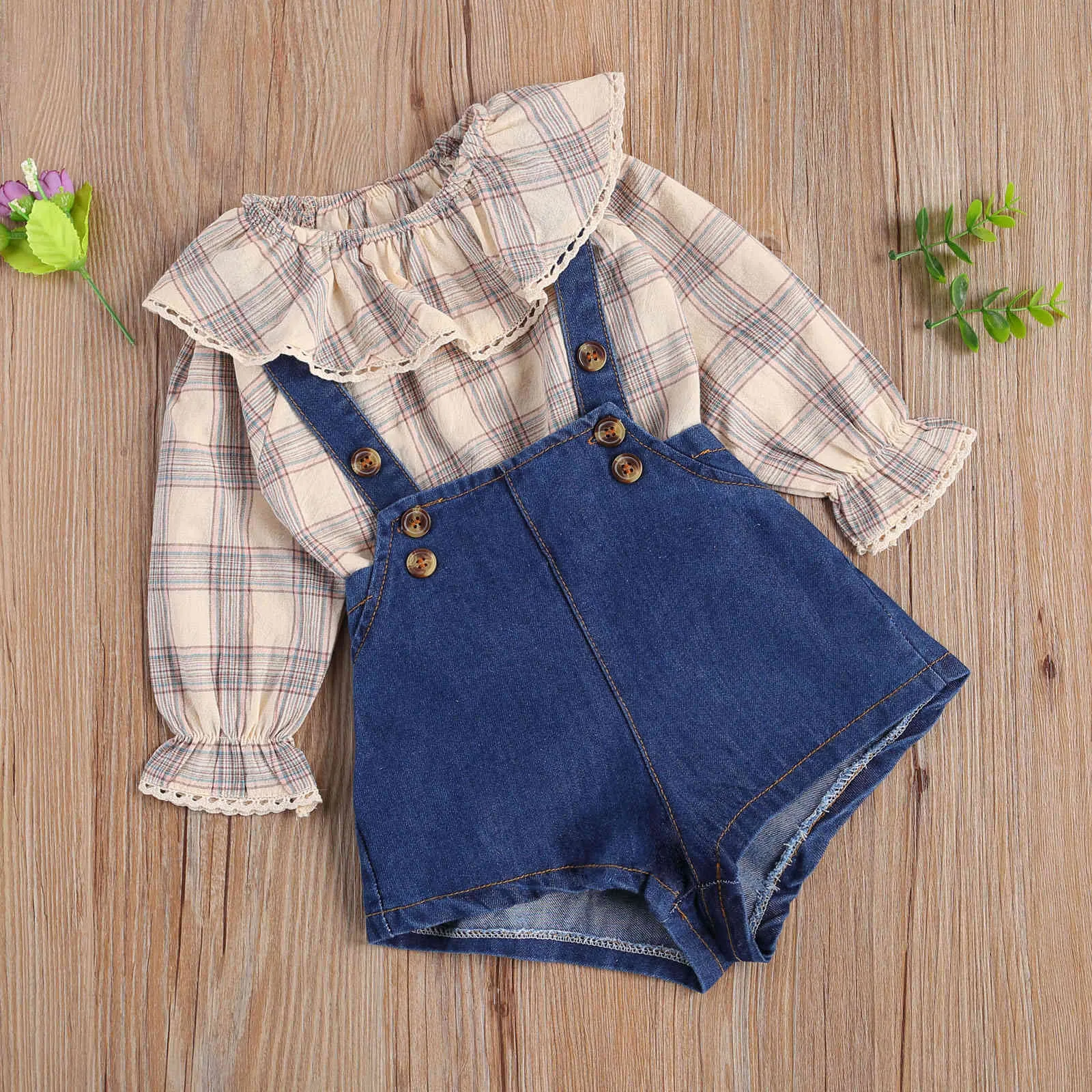 0-24m vår höst vintage toddler född spädbarn baby flicka kläder satt ruffles långärmad topp denim overall outfits 210515