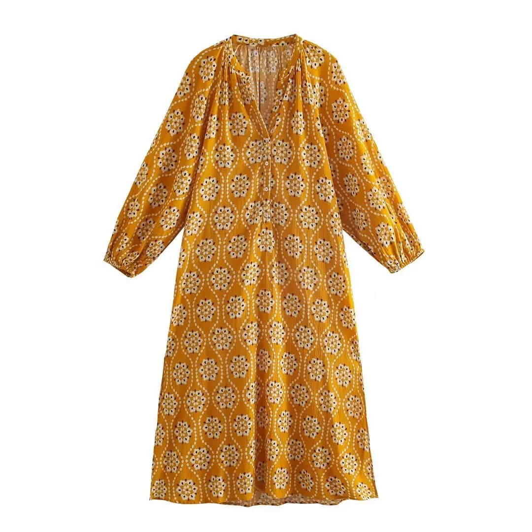 Robe d'été jaune imprimé plus taille midi es femmes manches longues soirée femme décontracté boutons avant 210430