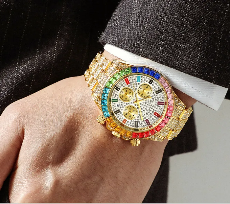 PINTIME Lusso colorato cristallo diamante quarzo batteria data orologio da uomo decorativo tre contatori brillanti orologi fabbrica diretta W270d