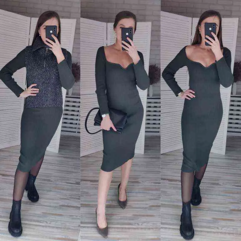 Croysier Dresses For Women Sexy Strapless Ribbed Knitted Bodycon Dress Women Winter Long Sleeve Midi Sweater Dress Clothes 211110