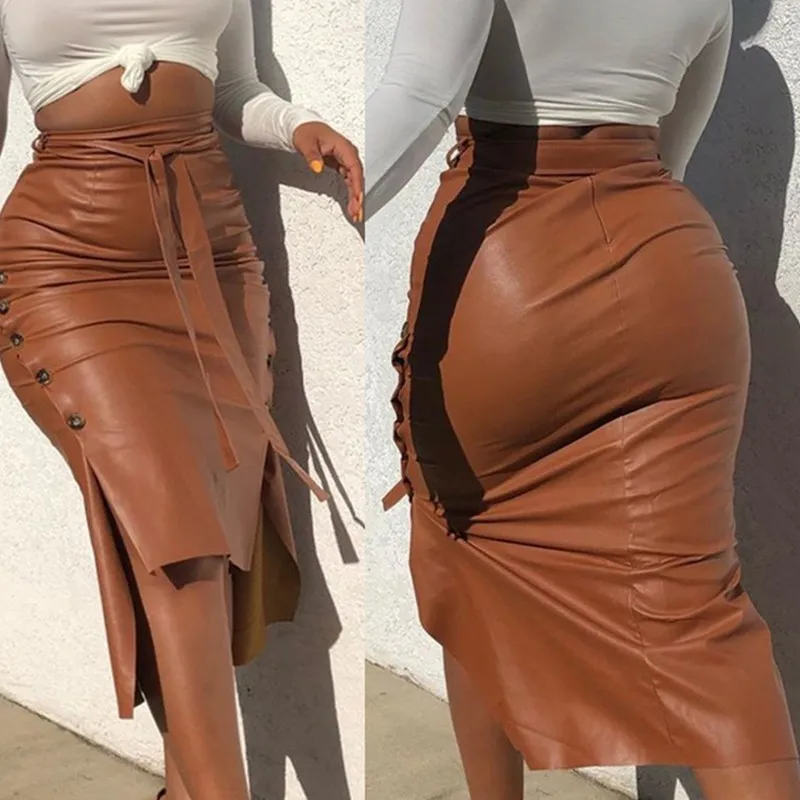 Женщины модный PU кожи MIDI юбка сплошной цвет высокой талией тонкий тонкий карандаш юбка для дамы уличная одежда Slim Mid-длиной юбка X0428