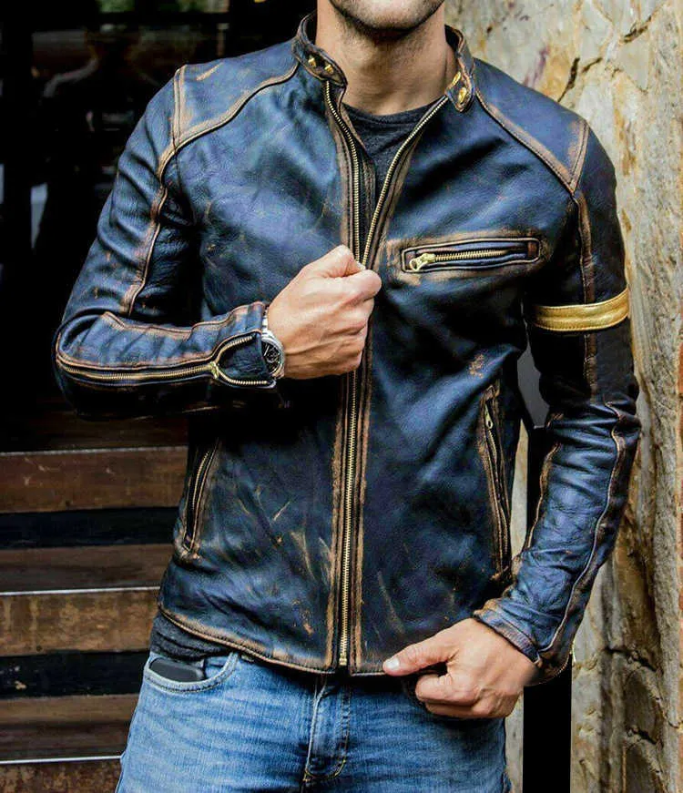 Automne Moto Veste en cuir Hommes Street Fashion Bomber Vestes Casual Stand Col Manteau Mens Rétro PU Biker Outwear 210923