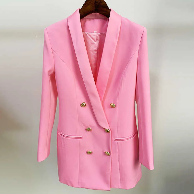 最高品質のEst Designer Blazerジャケット女性ライオンボタンダブルブレストサテンショールカラーロングブレザー210930