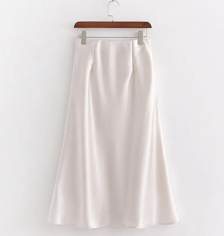 Retro High Waist Bright Satin Skirt Spring Summer Women Elastic Mid Long A-line Skirts Femme Yellow White 210429