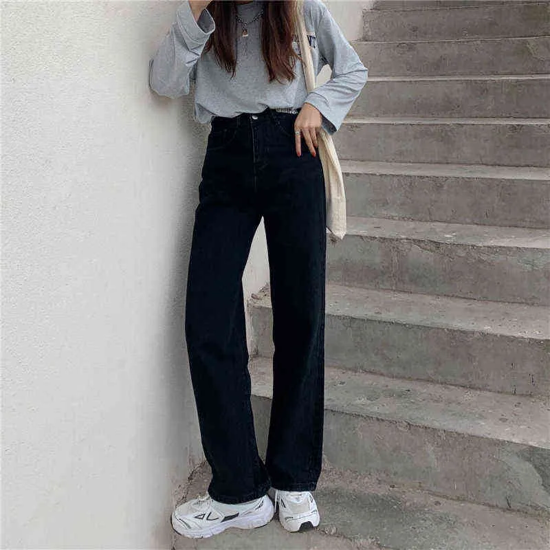 Höst High Waist Wide Leg Jeans Kvinnors Straight and Thin Loose Vintage Black Pants Casual Denim Long Jean Pant för Girls 211206