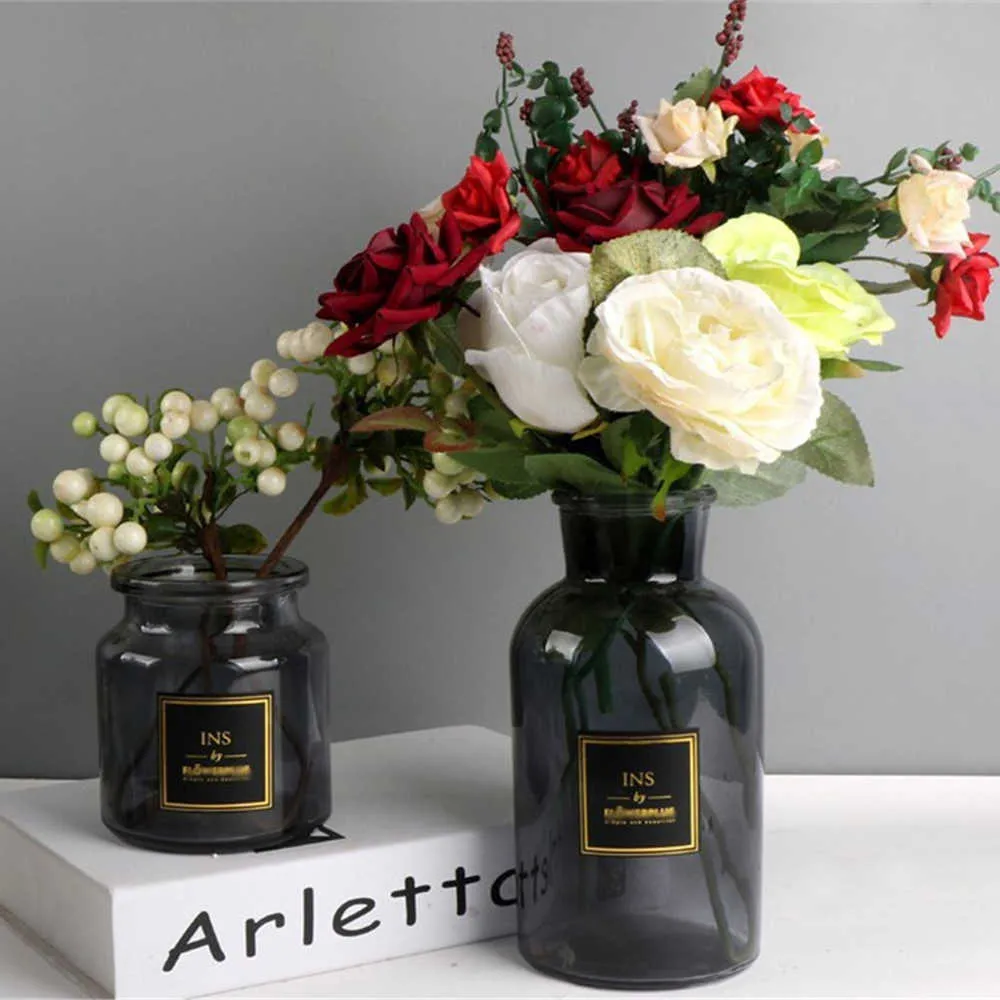 Scandinavian Grey Glass Vase Elegance Dry Flower Bottle Chic Ins Nordic Fresh Floral Storage Jar Minimalist Desktop Decor Vase 210623