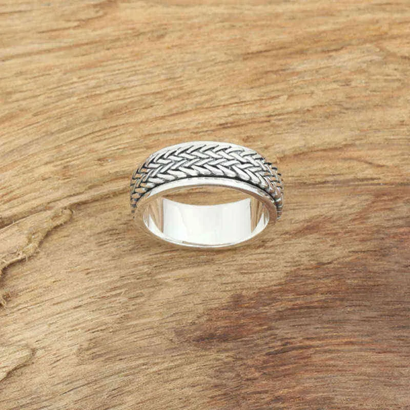 Roteerbare 925 sterling zilveren ringen voor mannen Tibetaanse touw spinner man S925 anti-allergische handmatige verhoogd beeldhouwkunst 211217