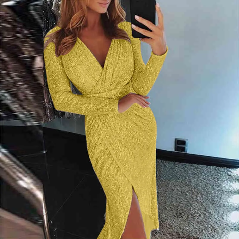 Kvinnor Sexig Klänning Deep V Sequins Dress Wrap Ruched Långärmad Nattklubb Outfits Hem Slit Elegant Tight Party Dresses Vestidos Y1204