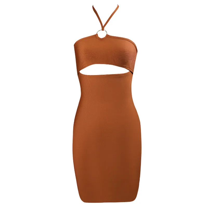 Sexy Brown Bodycon Mini Dress For Women Hollow Out Bandage Halter Sleeveless Strapless Nightclub Party Angel Summer 210517