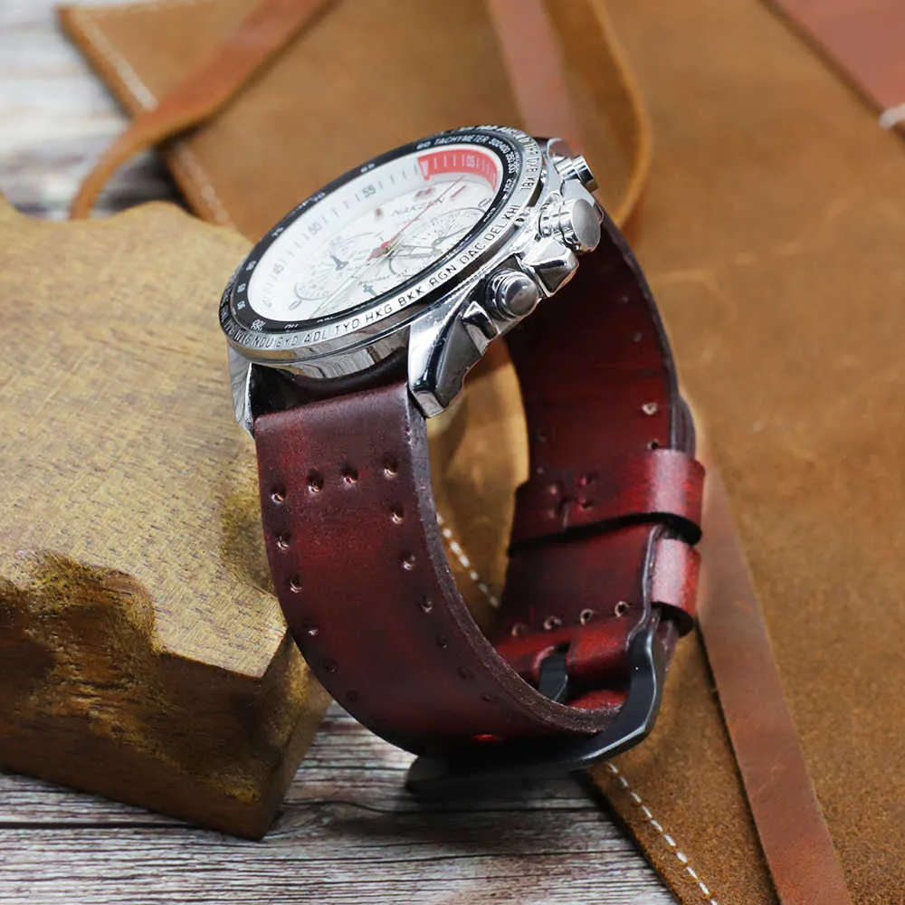 Bracelet de montre en cuir Vintage 20mm 22mm 24mm en cuir véritable fait à la main montre-bracelet bande sangle ceinture à la main montre accessoires pour hommes H0915