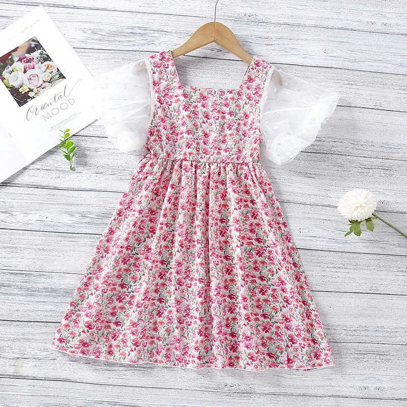Sommar barn flickor klänning rosa lila blommig kort mesh dot ärmar tjej klänningar barn casual kläder e76 210610