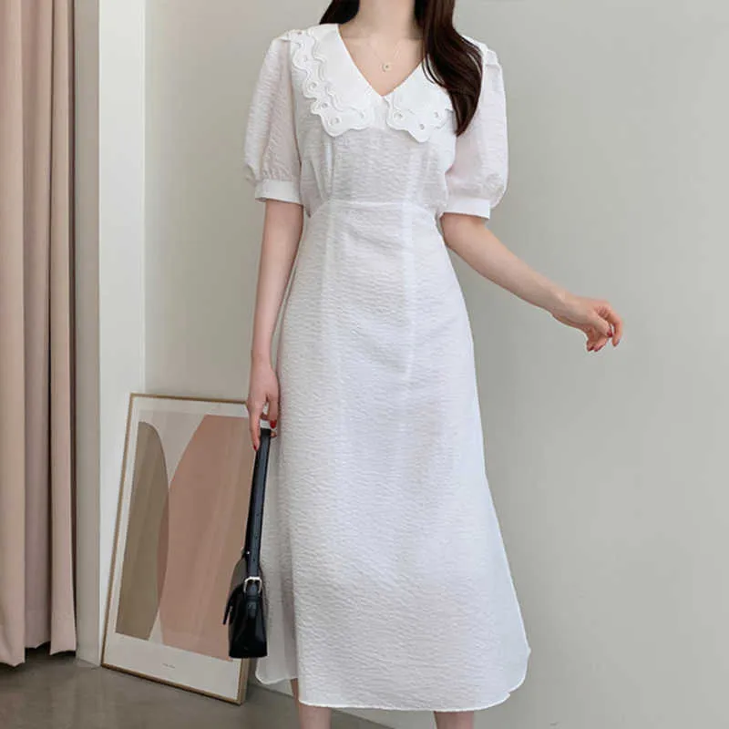 Korejpaa Women Dress Korea Chic Temperament Double-layer Doll Collar Contrast Pleated Lace-up Waist Bubble Sleeve Vestidos 210526