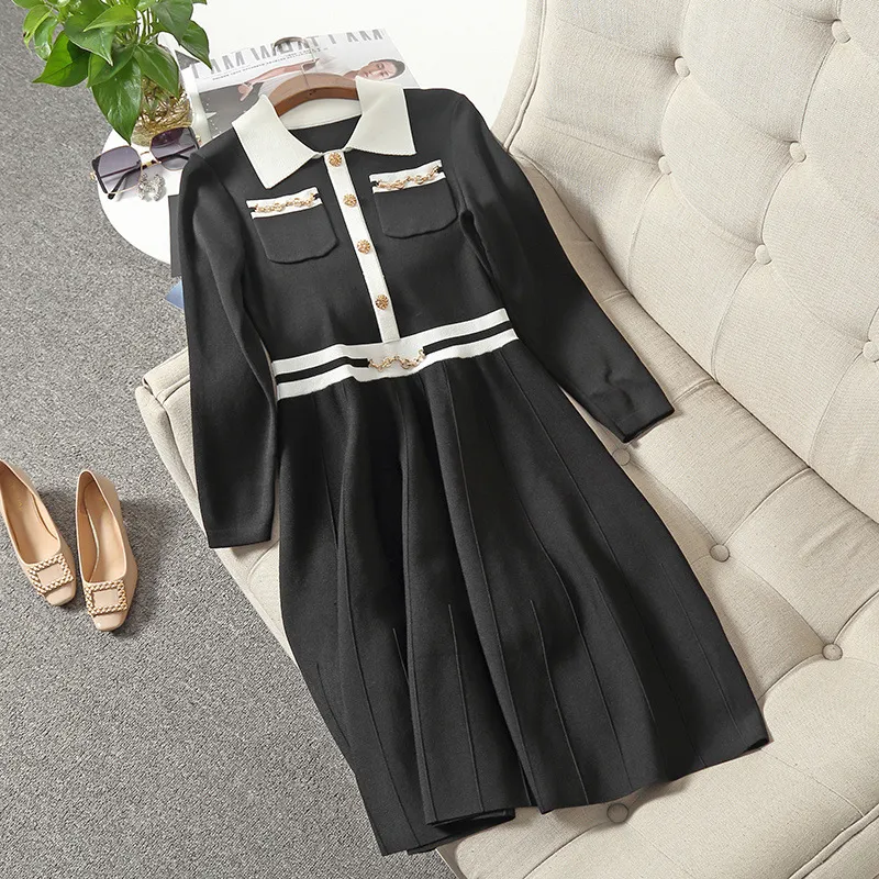 2021 Fall Autumn Long Sleeve Lapel Neck Black White Contrast Color Knitted Panelled Pockets Knee-Length Dress Elegant Casual Dresses 21S0882504