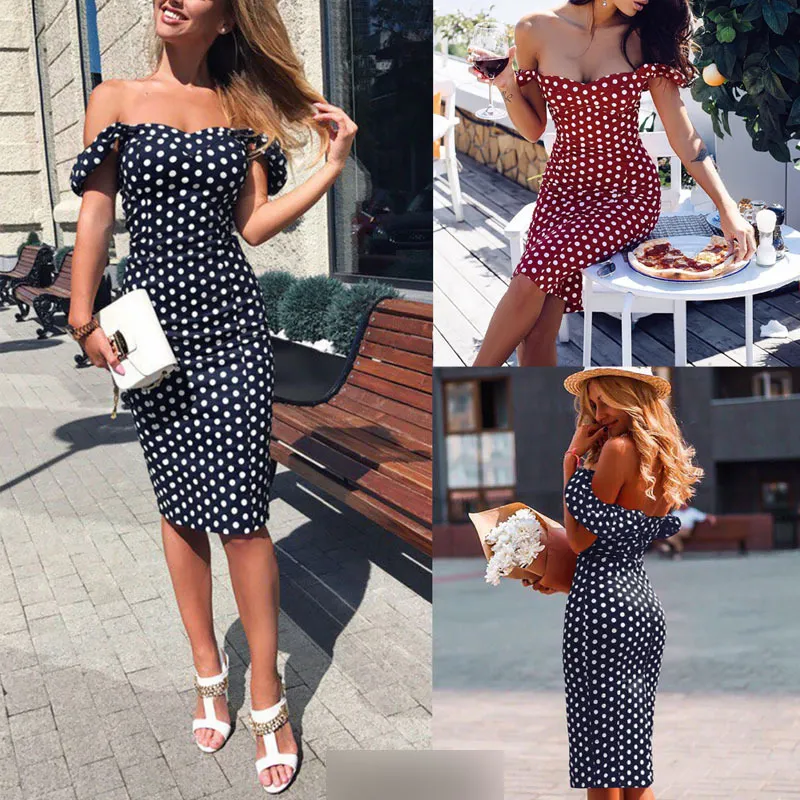 Kayotuas vrouwen jurk polka dot print tas hip off-the-schouder korte mouw bodycon formele avondfeest sundress outfit 210522