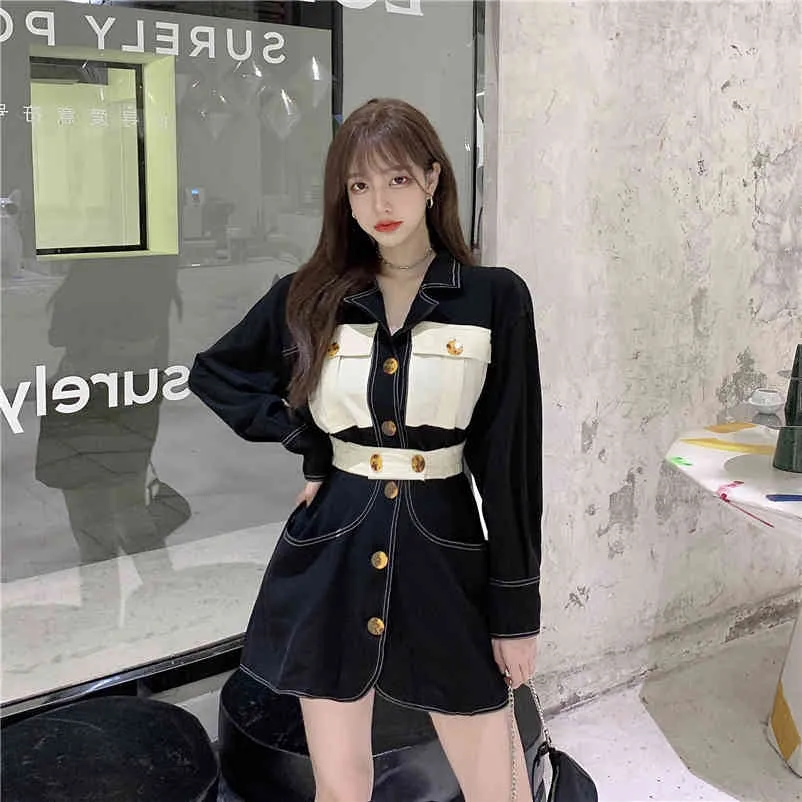 Korobov Streetwear Hit Farbe Patchwork Kleid Vintage Umlegekragen Sommerkleider Koreanische Chic Slim A-Line Vestidos Femme 210430