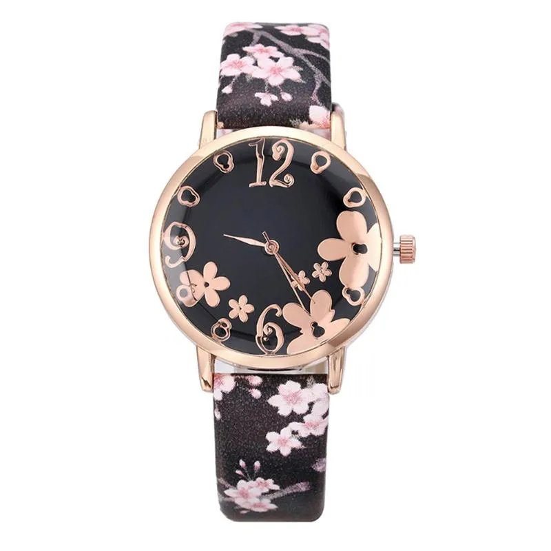 Relógios de pulso mulheres relógio de quartzo mostrador floral com impressão pu pulseira de couro m8694189m