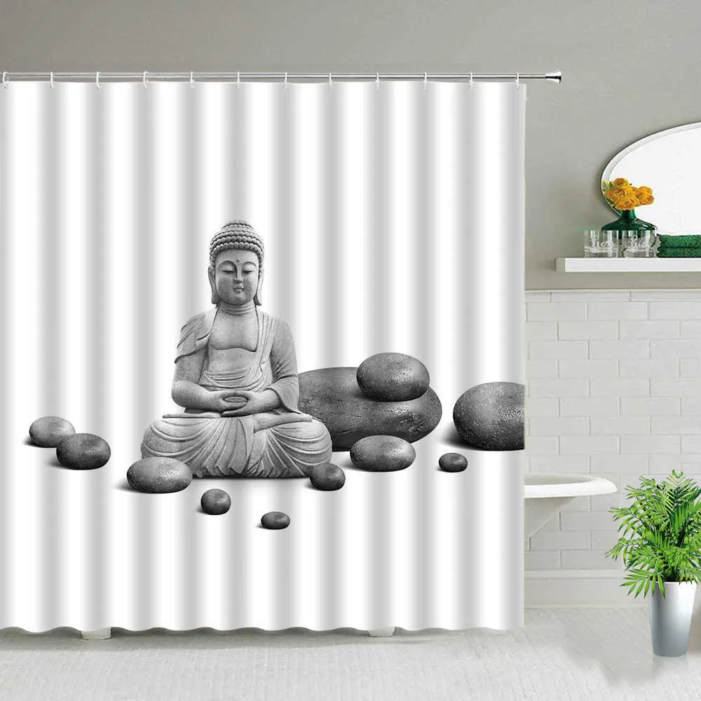 Zen Stone Boeddha Bloemen Landschap Douche Gordijnen Creativiteit Art Badkamer Bad Gordijn met Haken Waterdichte Stof Bad Decor 210915