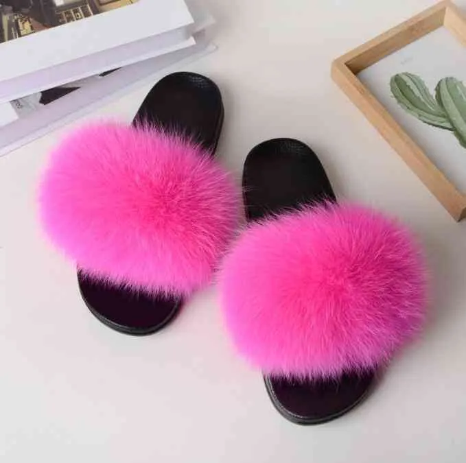 Extra Large Fur Slippers Real Raccoon Fur Slides Flat Flip Flops Beach Designer Sandals Cute Plush Hair Furry Shoes Woman Q0508