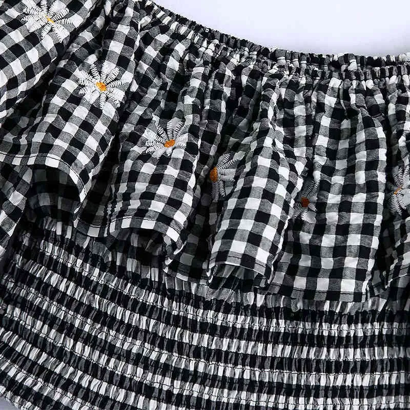 Frauen Sommer Vintage Kurze Blusen Hemden Schlanke Tops Cascading Rüschen Elastizität Weibliche Casual Plaid Top Tunika Blusas 210513