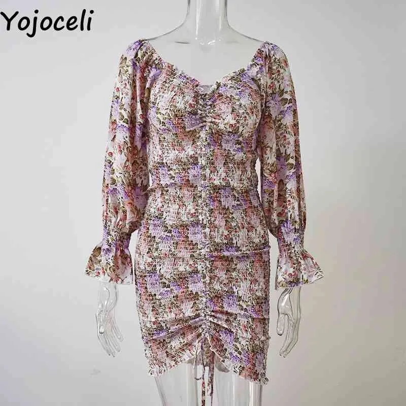 Yojoceli sexy estampado floral vestido fruncido mujeres cuello cuadrado manga larga mini vestido delgado vestido de gasa 210322