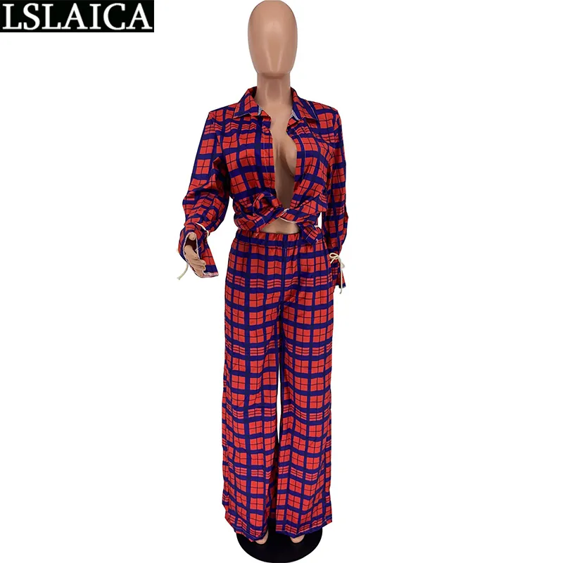 Woman Two Piece Outfit Set Fashion Plaid Long Sleeve Tops Wide Leg Pants Sets Casual Loose Womens Lounge Wear Autumn 210515