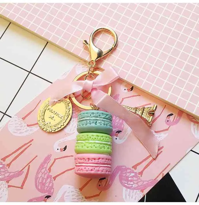 Kreatywny Macarons Cake Brelok Laduree Effiel Wieża Wstążka Key Chain Pierścień Kobiety Torebka Torba Urok Moda Talket Wholeasle