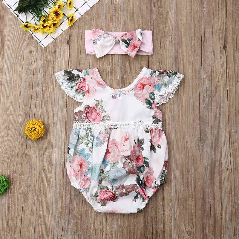 lioraitiin 0-24M pasgeboren baby baby meisje mode zomer romper off shoulder floral gedrukt jumpsuit hoofdband set G1221