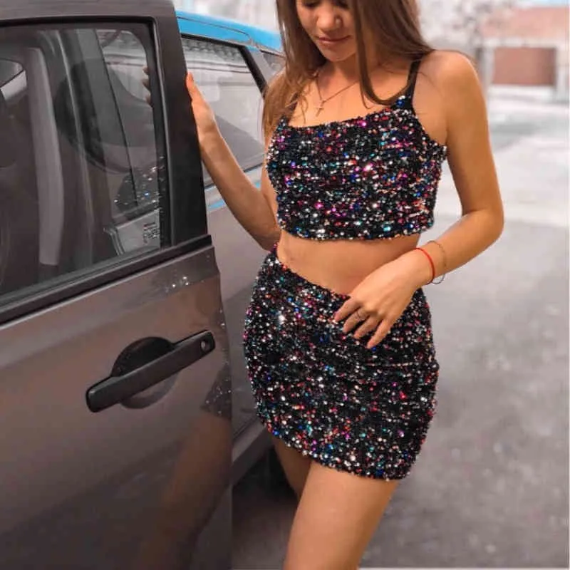 Sexy Woman Colorful Sequined Camisole Suit Spring Summer Fashion Ladies Shiny Club Suits Female Chic Blingbling Outerwear 210515