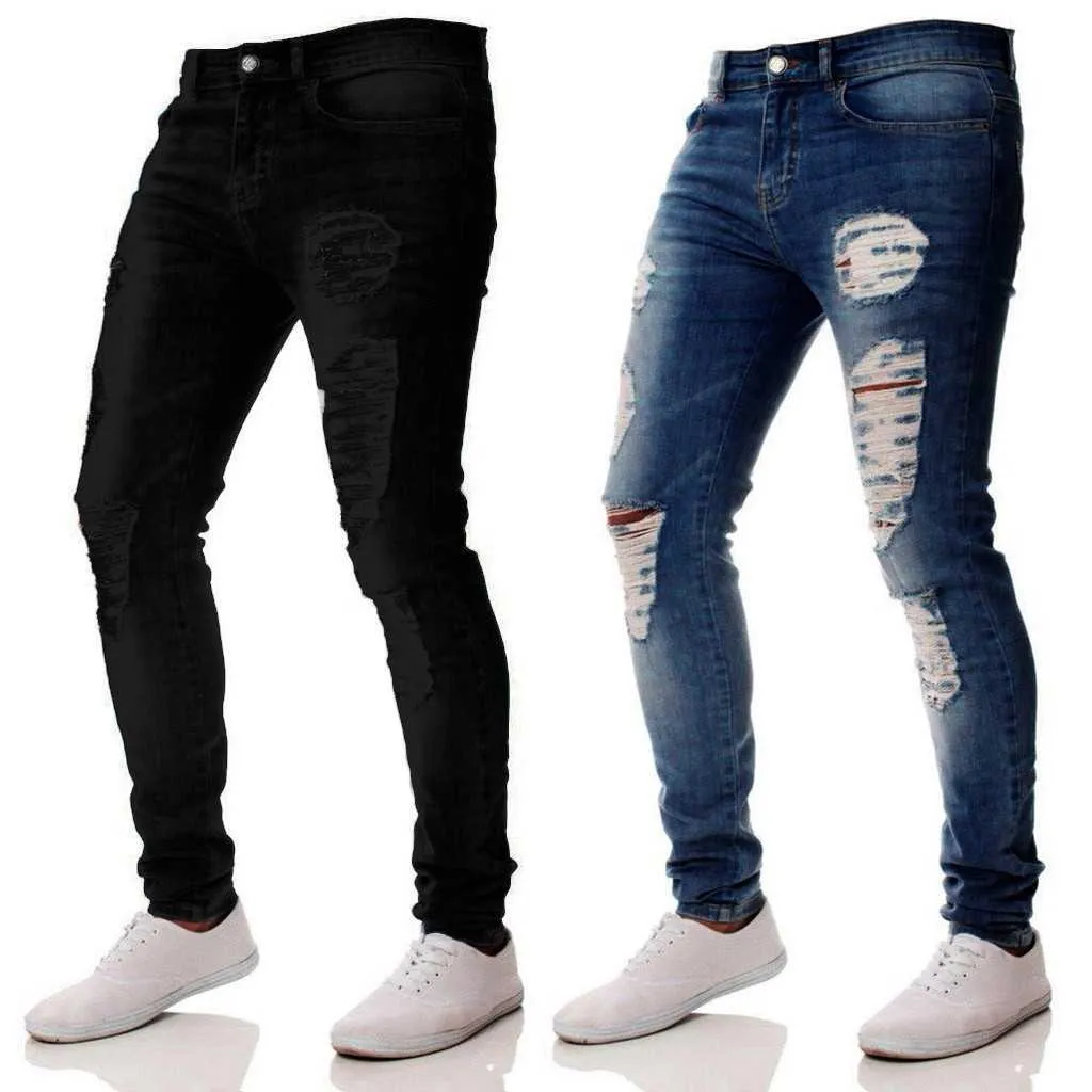 Pantalones estetycznych mężczyzn szczupły zamek denim dżinsy dziura moda chudy postrzępione spodnie trudno spodnie spodnie x0621