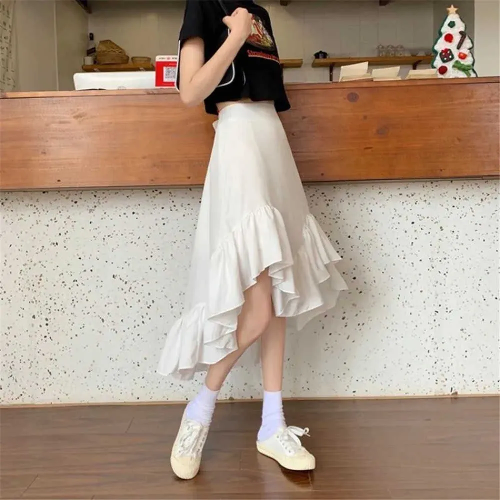 Nieregularna syrenka długa spódnica Kobiety Czarna biała luźna spódnica z wysokiej talii z marszczykami koreańscy studenci mody Streetweat 210619