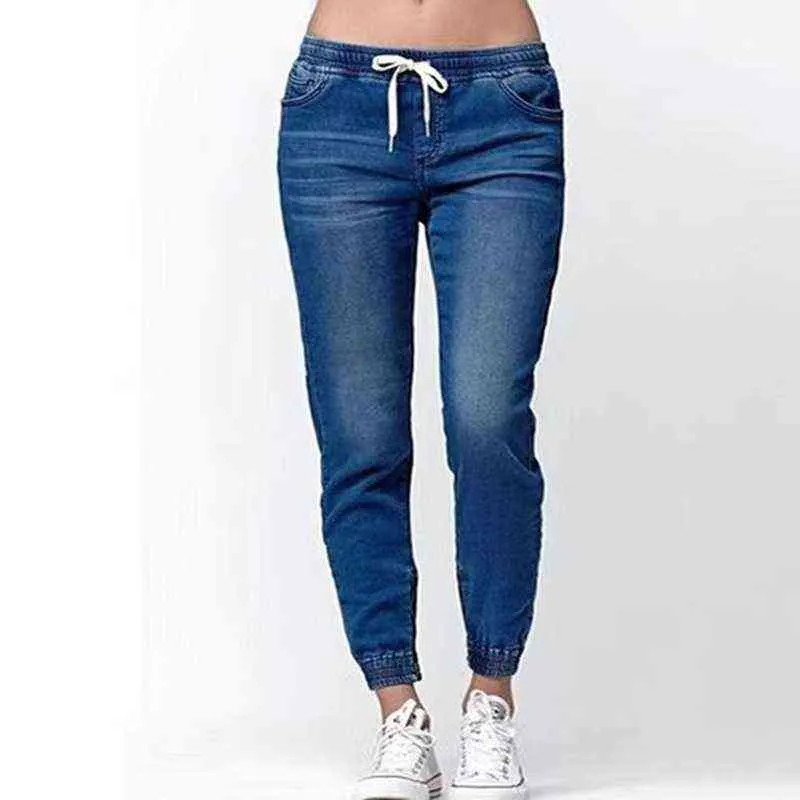 Printemps et automne Jeans pour femmes droites hip-up mi-taille tendance décontractée à lacets pieds lavés lanterne dames pantalons fins WS38 211129