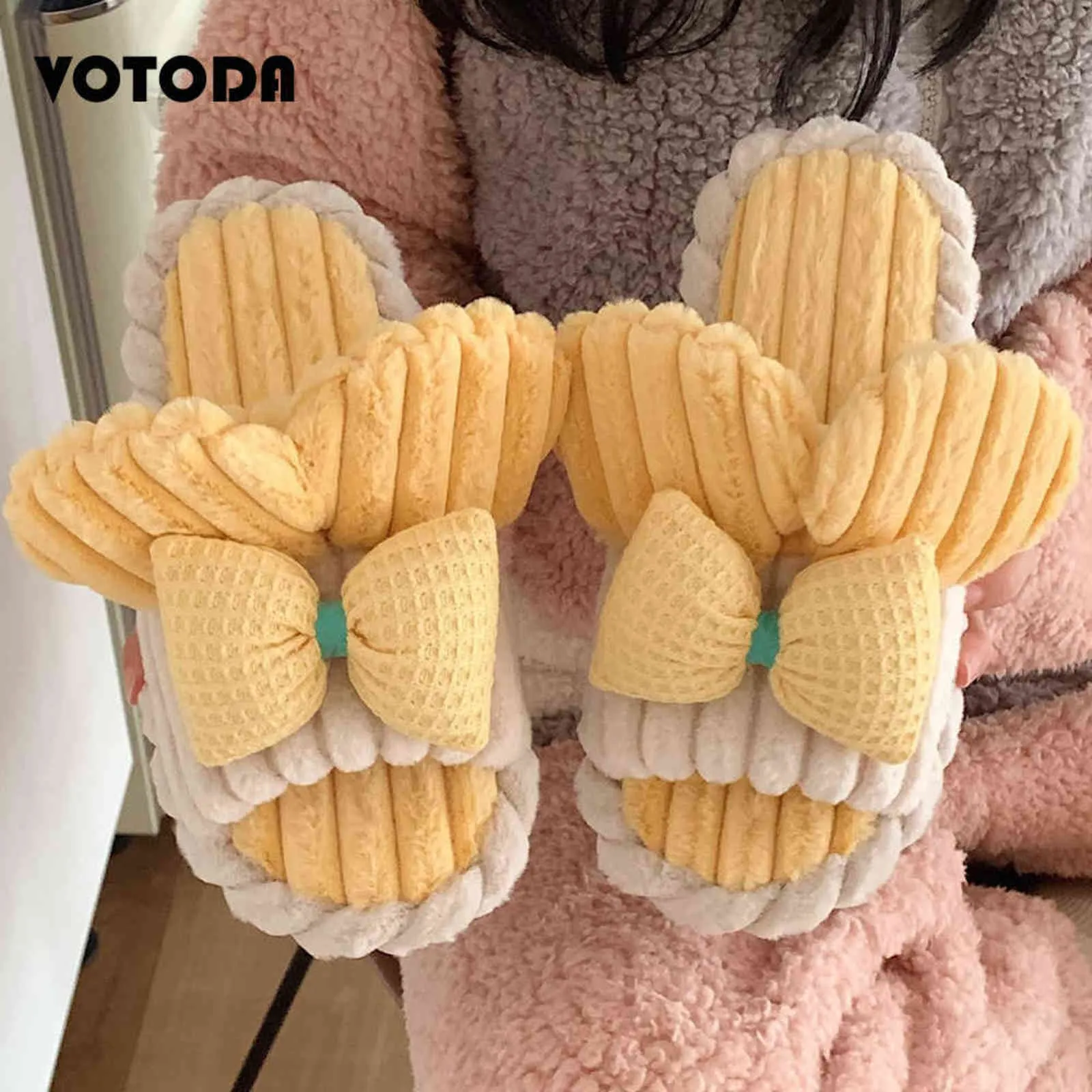 Winter Cartoon Cute Plush Slippers Women Butterfly-Knot Slides Casual Non-Slip Flip Flop Girls Bowknot Home Flat Bedroom Shoes H1122