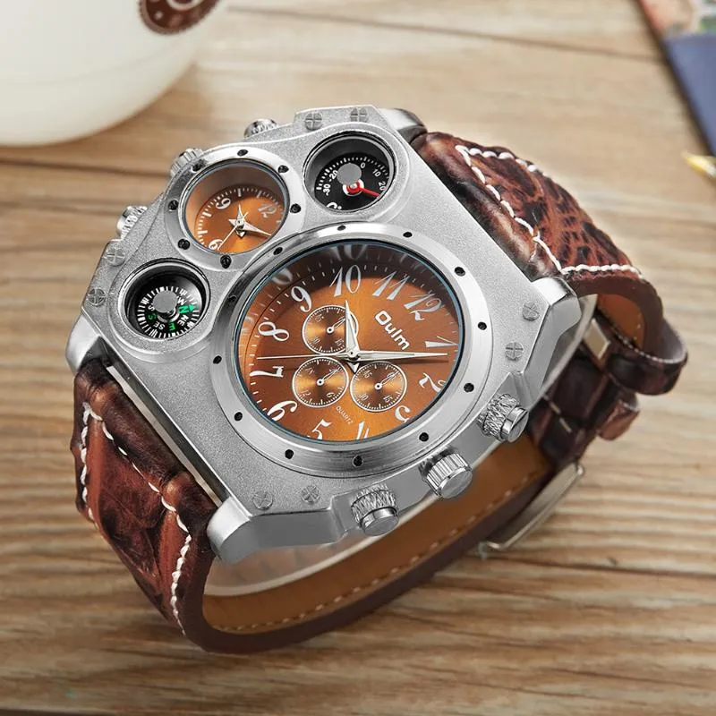 Horloges Creatieve Militaire Mannen Quartz Horloges Functie Grote Wijzerplaat Waterdichte Lederen Band Mannelijke Klok Kompas Thermometer Decora266w