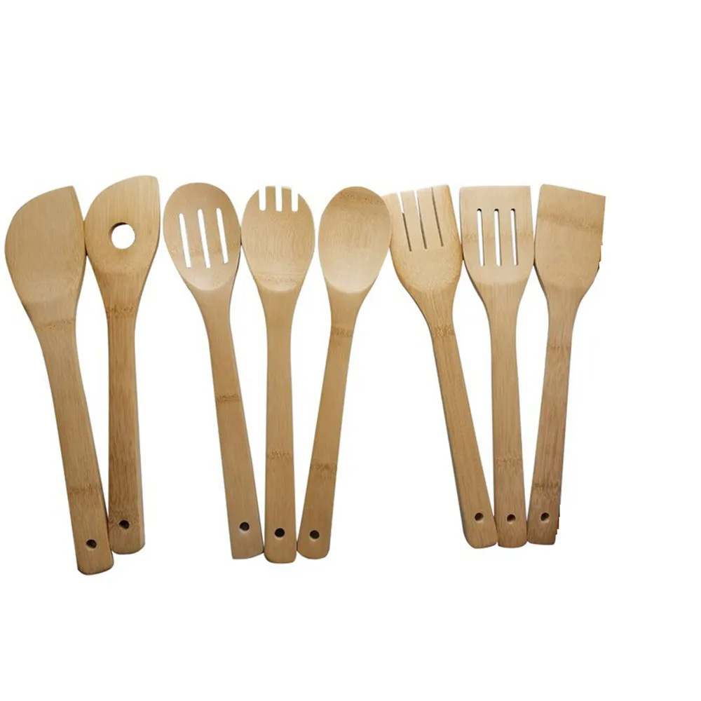 Set Bamboo Utensil Kitchen Cooking Tools Wooden Natural Healthy Easy Spoon Spatula Fork Mixing Kitchen Food Cooking Tools Y04