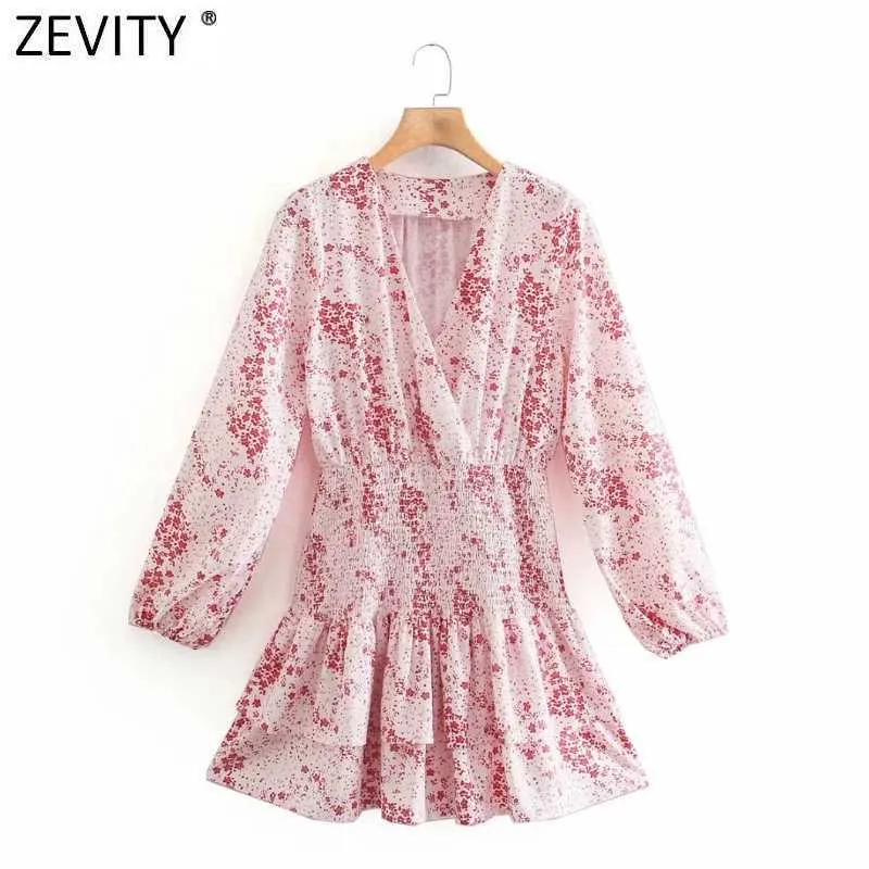 Zevity Women Sweet Cross V Necktryck Casual Slim Rosa Klänning Kvinna Chic Elastic Double Layer Ruffles Sommar Vestido DS8197 210603