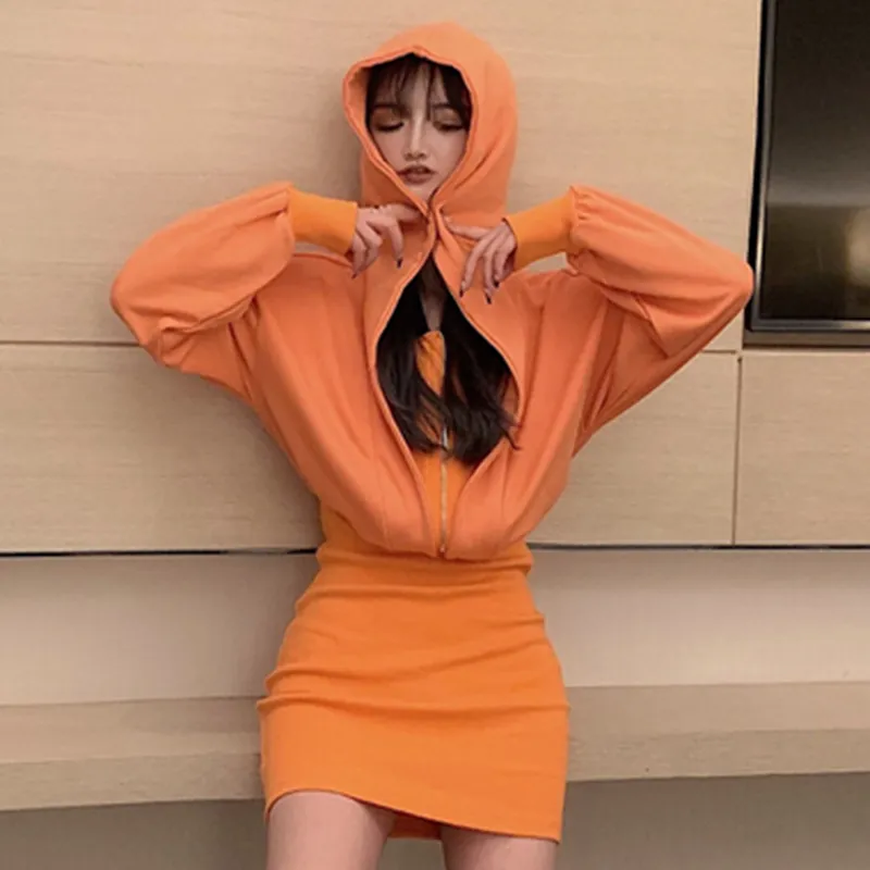 Lucyever Faux Deux Hoodies Robe Femmes Automne À Capuche Mini Robes Femme Orange Empire Style Coréen Slim Vêtements Femme 210521