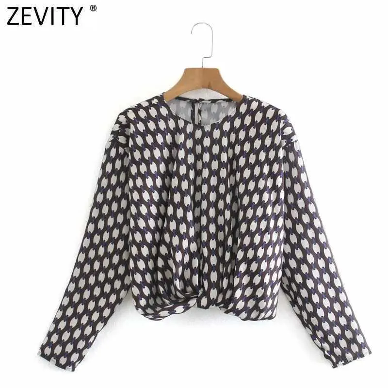 Zevity Women Vintage O首の裾の結び隠されたプリントショートブラウスレトロなオフィスレディース長袖ビジネスシャツシックBlusa Tops LS7328 210603