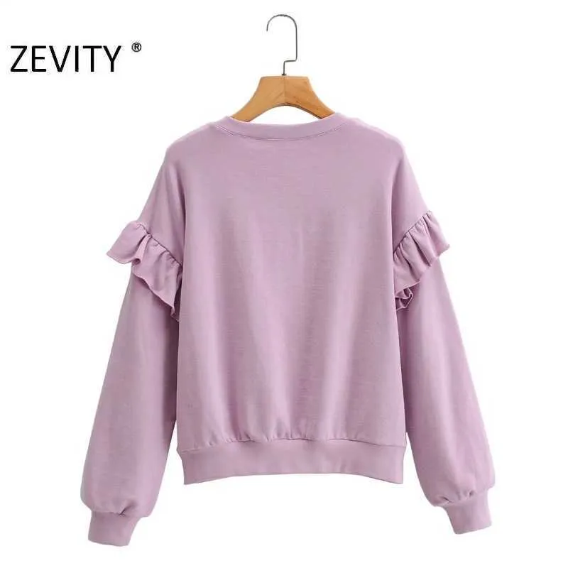 Zevity Women Moda Ruffles Z Długim Rękawem Casual Luźne Bluzy Femme Basic O Neck Rozrywka Bluzy Chic Pullover Topy S403 210603