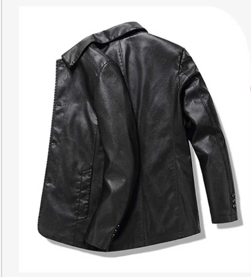 Hombres chaqueta de cuero de imitación cuello vuelto casual pu motocicleta otoño invierno ropa exterior masculina al aire libre a prueba de viento largo cortavientos 211009