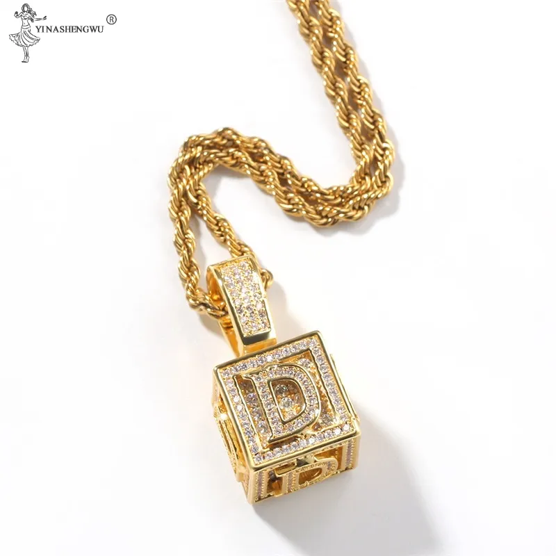 nouvelle mode Micro-incrusté Zircon Dice Cube Lettre Initiale Pendentif Colliers Pour Femmes Hommes Collier Hip Hop Or Couleur Chaîne Bijoux