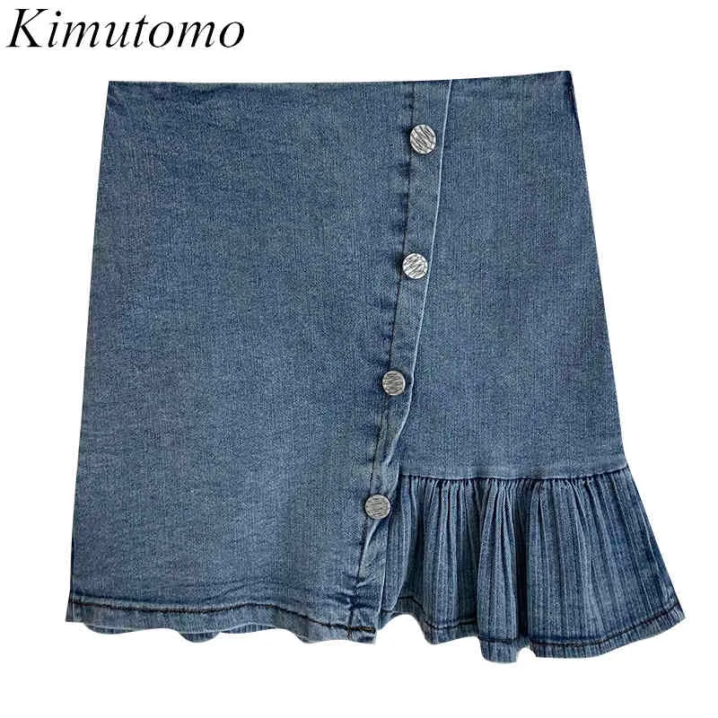Kimutomo Saia Assimétrica Mulheres Primavera Verão Moda Coreana Feminina Fivela Sólida Fishtail Cintura Retro Slim Denim Saia 210521