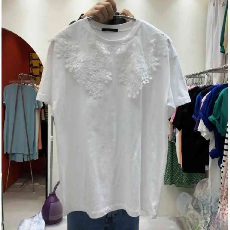 Sommar Fahion Lace Spliced ​​T Shirt För Kvinnor Casual O-Hals Solid Tee Ropa Mujer Lossa Enkla Kortärmad Kvinna Toppar 210514