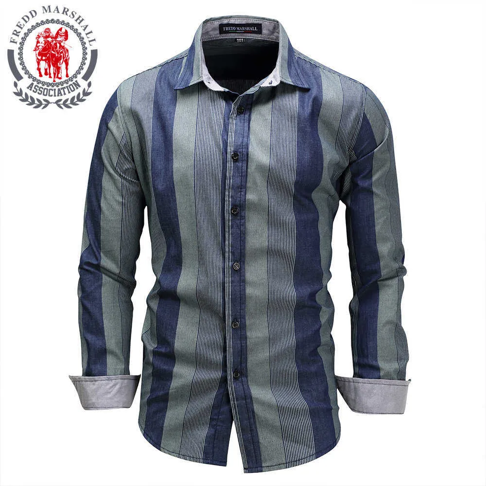 Fredd Marsha Mężczyźni Business Dress Koszula Marka Moda Paski Koszula Mężczyźni 100% Bawełna Przyczynowe Koszule Długie Rękawem FM077 210527