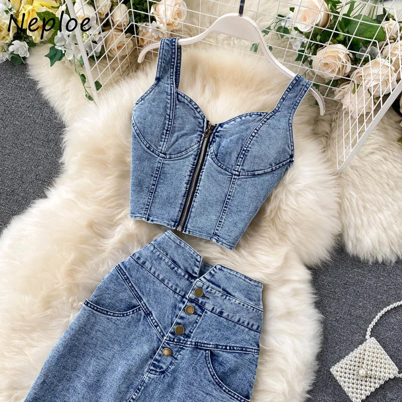 Neploe Sommer Vintage Denim 2 Stück Frauen Set Sexy Schlüsselbein freigelegt ärmellose Camis Top + hohe Taille Hüfte A-Linie Split Rock Anzug 210423