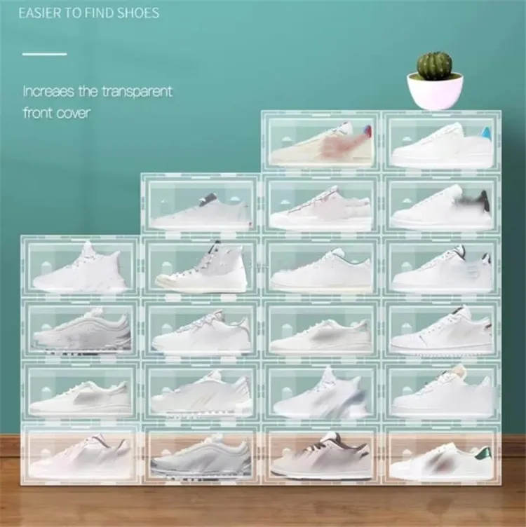 Home Kunststoff Transparent Schuhregal faltbar stapelbar Schubladen Display überlagerte Kombination Schuhe Container Schrank Boxen ZC671