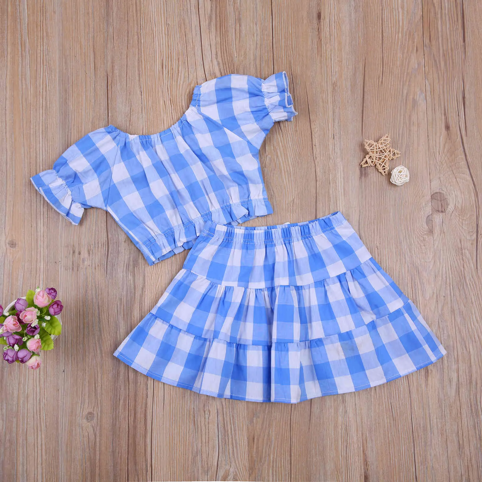 1-6y verão casual criança criança bebê meninas roupas conjunto azul xadrez camiseta saias crianças roupas trajes 210515