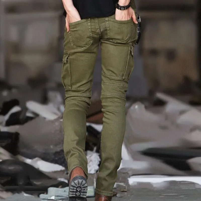 Męskie dżinsy dżinsy zielone jeansowe dżinsy dżinsy chude startowe w trudnej sytuacji Elastic Homme Hip Hop Military Motorcycle Cargo Spodnie 220831