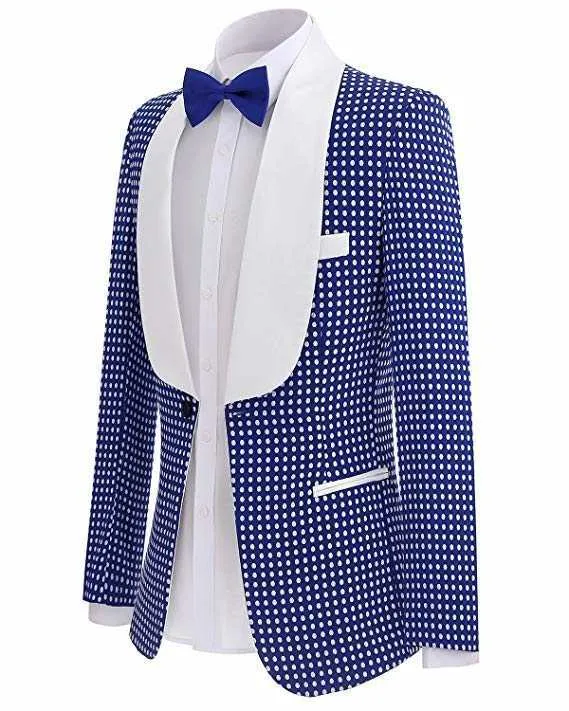 Två stycken Kungliga Blå Mäns Polka Dots Groomsmen Sjal Lapel Mens Suit För Bröllop Brudgum Tuxedo Prom Blazer + Pants x0909