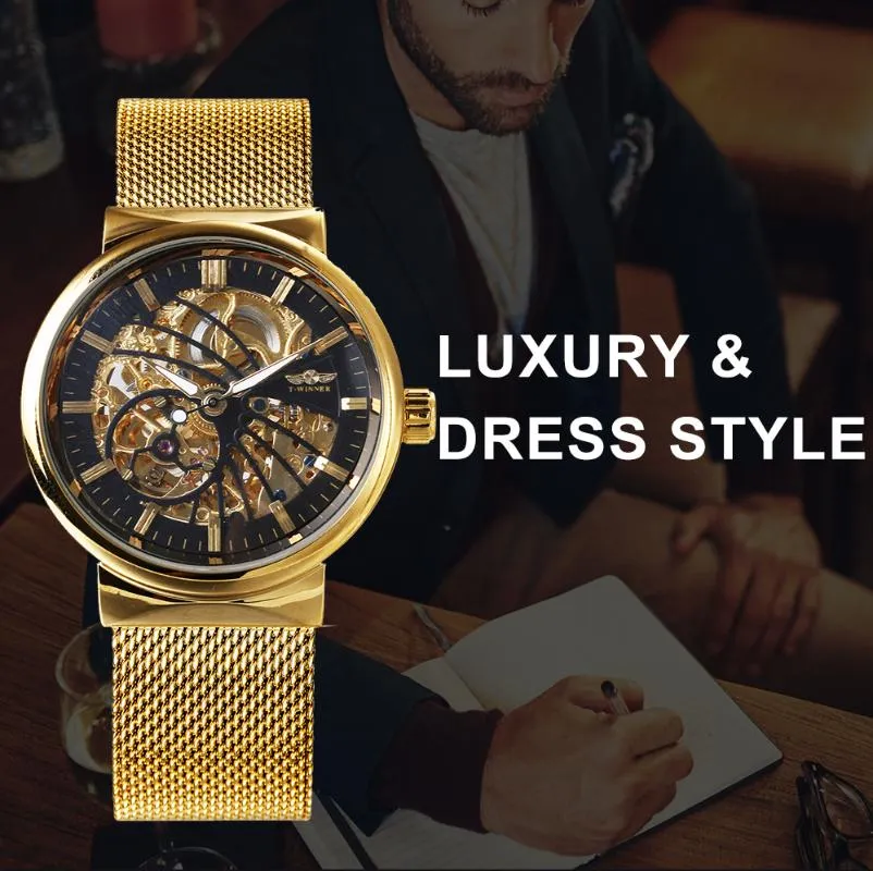 Ultra Thin Automatic Mechanical Watch Men Gold Bird Pattern Design Mesh Strap Skeleton Wrist Wristwatches206w