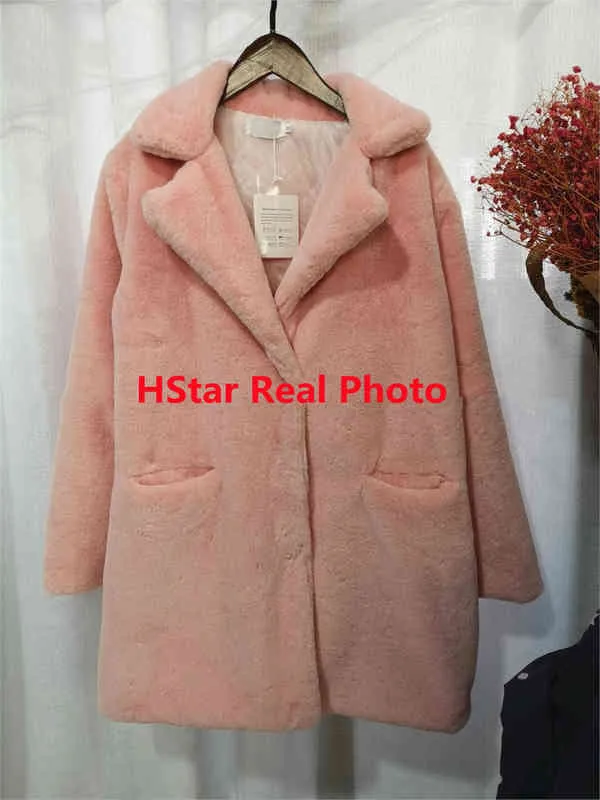 HStar Frauen Nerz Faux Pelzmantel Feste Weibliche Drehen Unten Kragen Winter Warme Gefälschte Dame Casual Jacke 211220